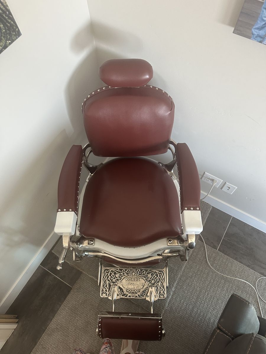 Koken President Vintage Barber Chair - Red & White, Hydraulic, Reclining, SwivelingAntique