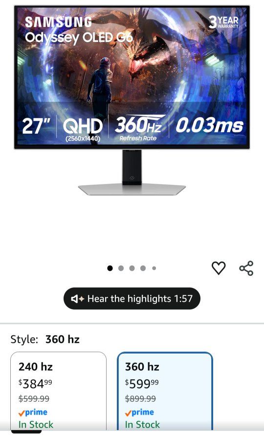 1440p samsung odyssey g6 360hz oled monitor!