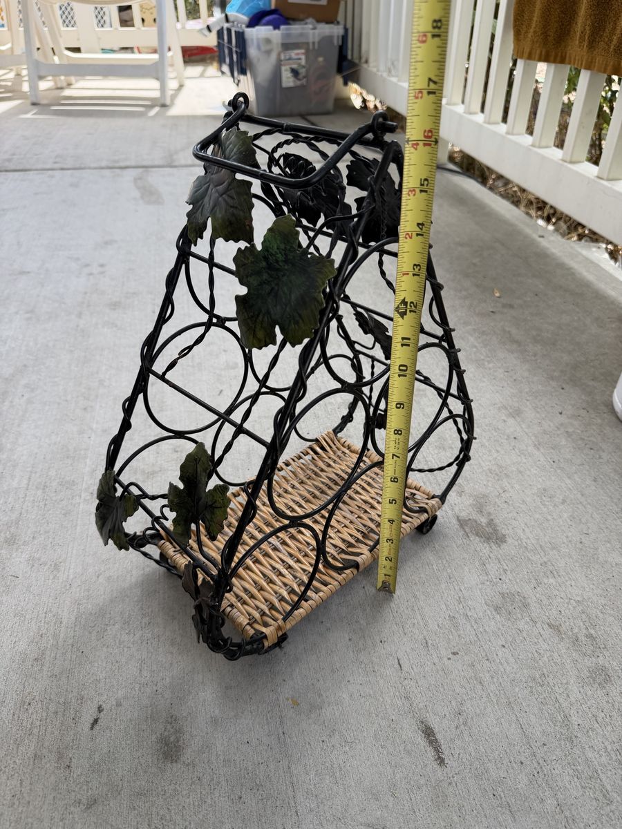 Wrought Iron and Wicker Wine Rack with Grapevine Accent