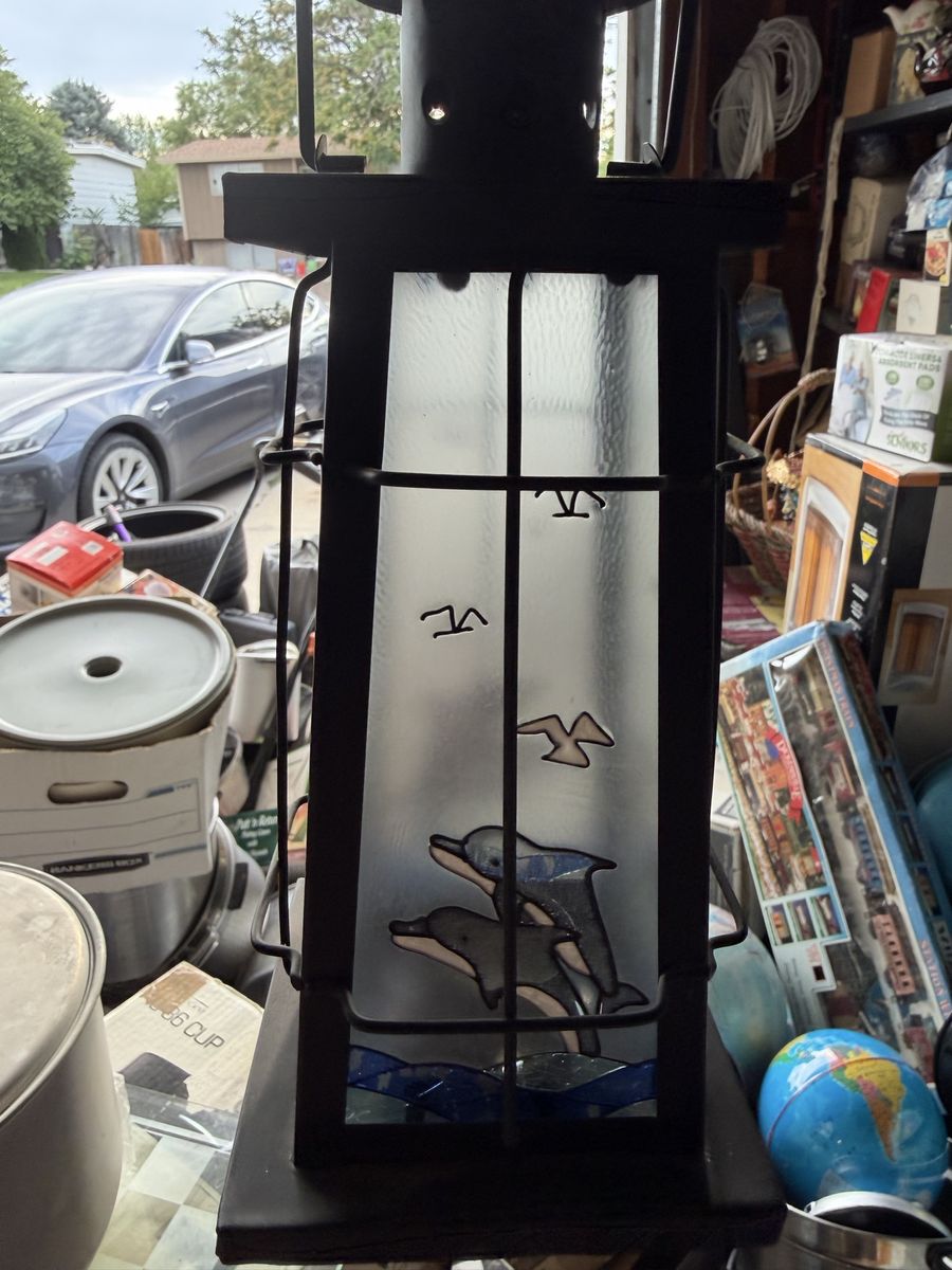 Metal Decorative Lantern with Frosted Glass Dolphin and Seagull Scene