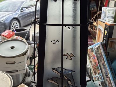 Metal Decorative Lantern with Frosted Glass Dolphin and Seagull Scene