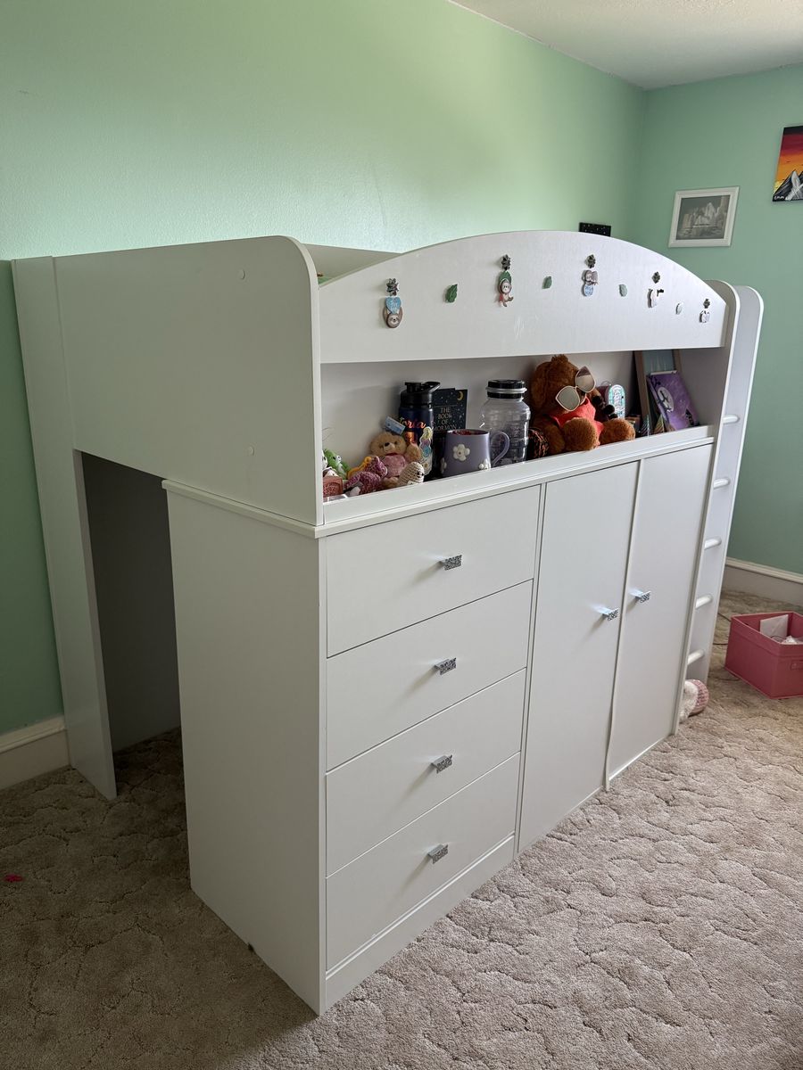 White Kids Loft Bed Frame with Built-In Storage Drawers, Cabinet, Ladder, and Desk Space, South Shore Brand