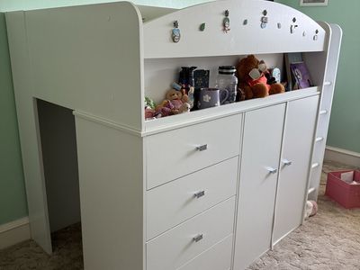 White Kids Loft Bed Frame with Built-In Storage Drawers, Cabinet, Ladder, and Desk Space, South Shore Brand