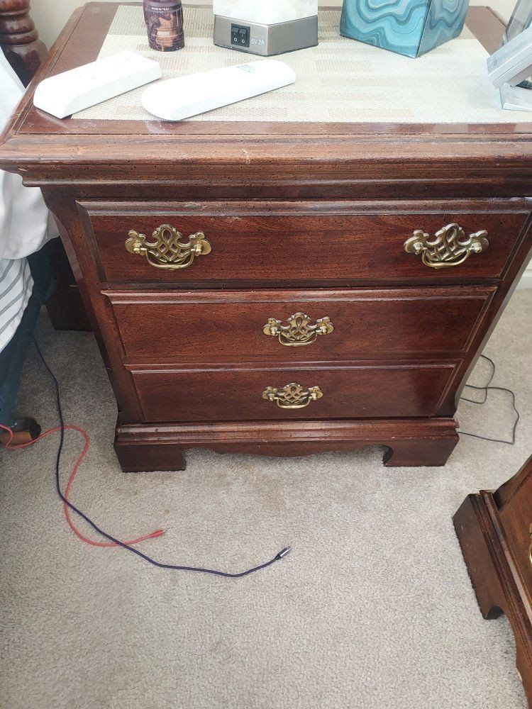 Classic Brown Wood 2-Drawer Nightstand/End Table with Brass Hardware and matching headboard, king frame and 2 chest of drawers