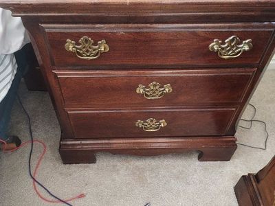 Classic Brown Wood 2-Drawer Nightstand/End Table with Brass Hardware and matching headboard, king frame and 2 chest of drawers