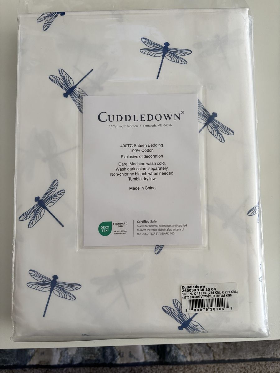 New Cuddledown DRAGONFLY King Flat Sheet - 400TC Cotton Sateen White Blueberry Blue