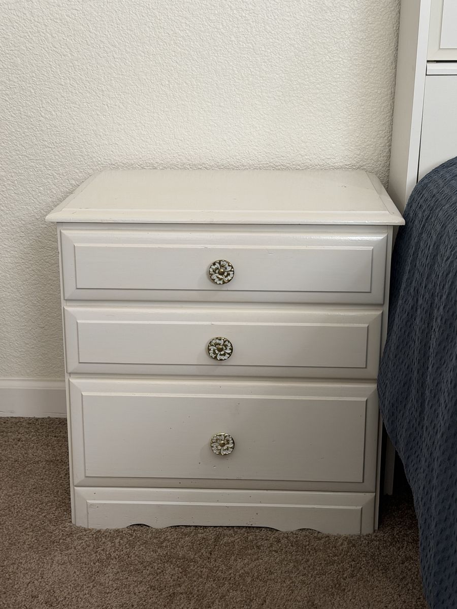 Queen White headboard with shelves and drawers.  2 white solid wood nightstands