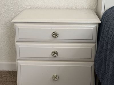 Queen White headboard with shelves and drawers. 2 white solid wood nightstands