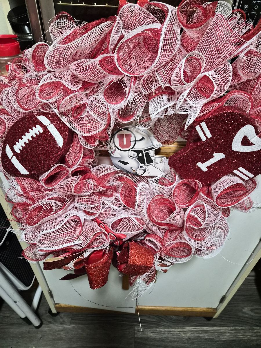 Handmade Utah Utes Football Deco Mesh Wreath - Red & White Collegiate Decor