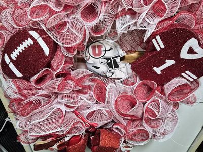 Handmade Utah Utes Football Deco Mesh Wreath - Red & White Collegiate Decor
