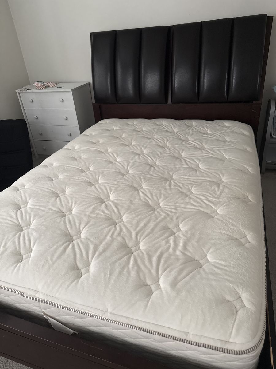 Dark Wood Bed Frame with Padded Leatherette Headboard & Hidden Storage