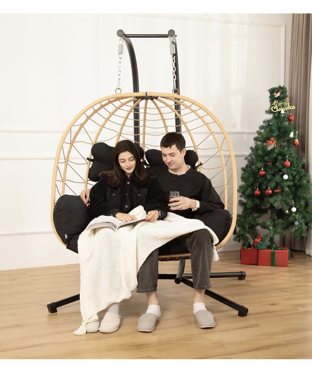 Double Indoor/Outdoor Wicker Swing Egg Chair Hammock Foldable Hanging Loveseat with Stand