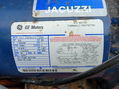 Jacuzzi GE Motors SKC36MN2573BX 3/4 HP Thermally Protected AC Pump Motor