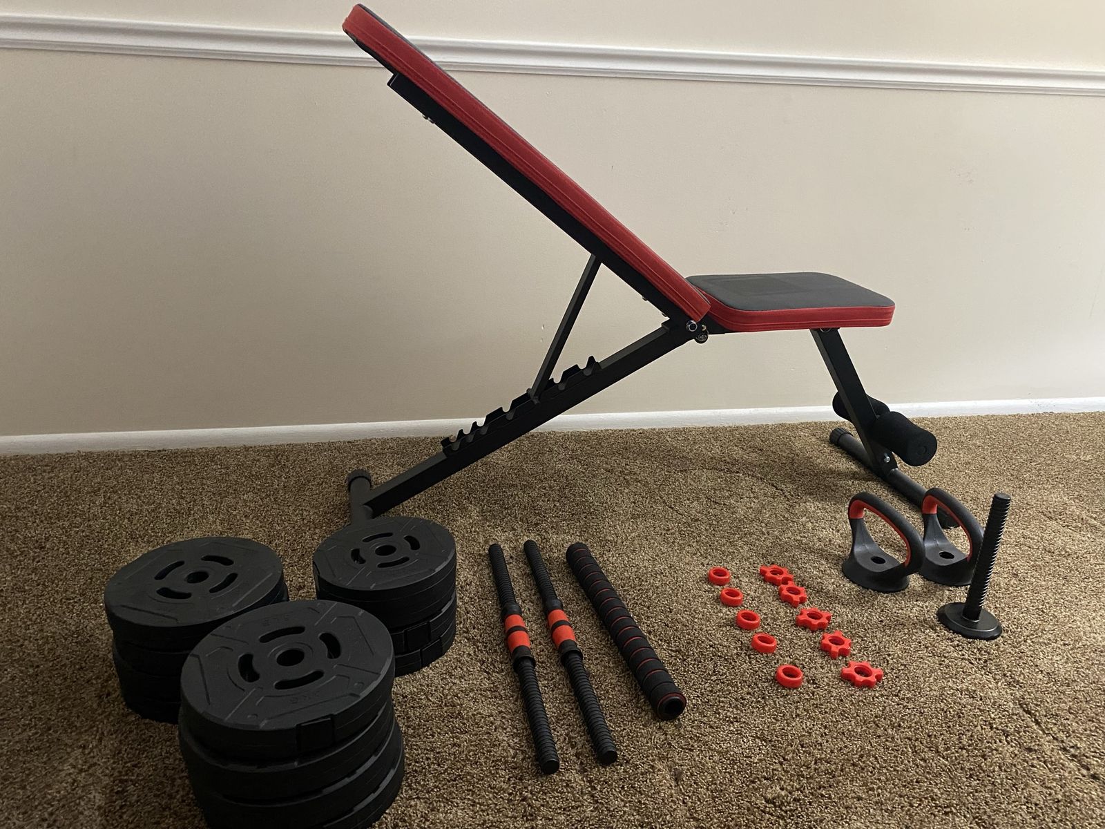 Adjustable Weight Bench with Dumbbell & Barbell Set (Weight Plates, Bars & Attachments) Home Gym