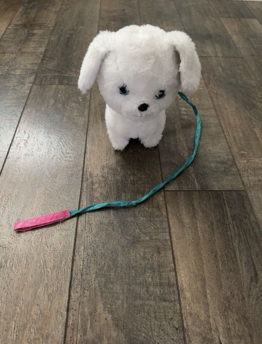 White Puppy Plush Toy with Blue Leash - Soft Stuffed Animal for Kids