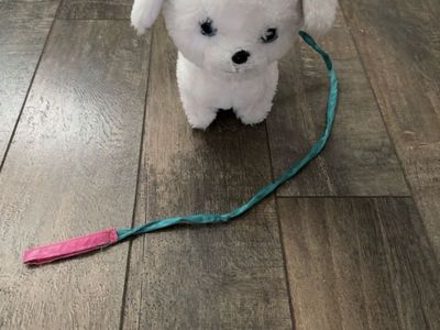 White Puppy Plush Toy with Blue Leash - Soft Stuffed Animal for Kids