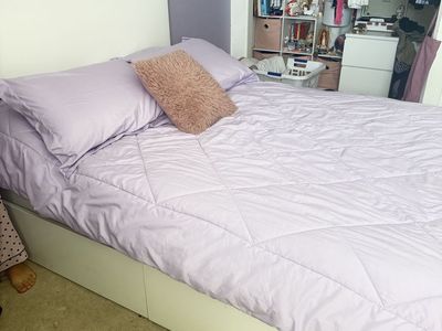 White Full-Size Bed w/4 boxes + Nightstand + mirrow & Small Desk (IKEA) plus mattress, medium firm