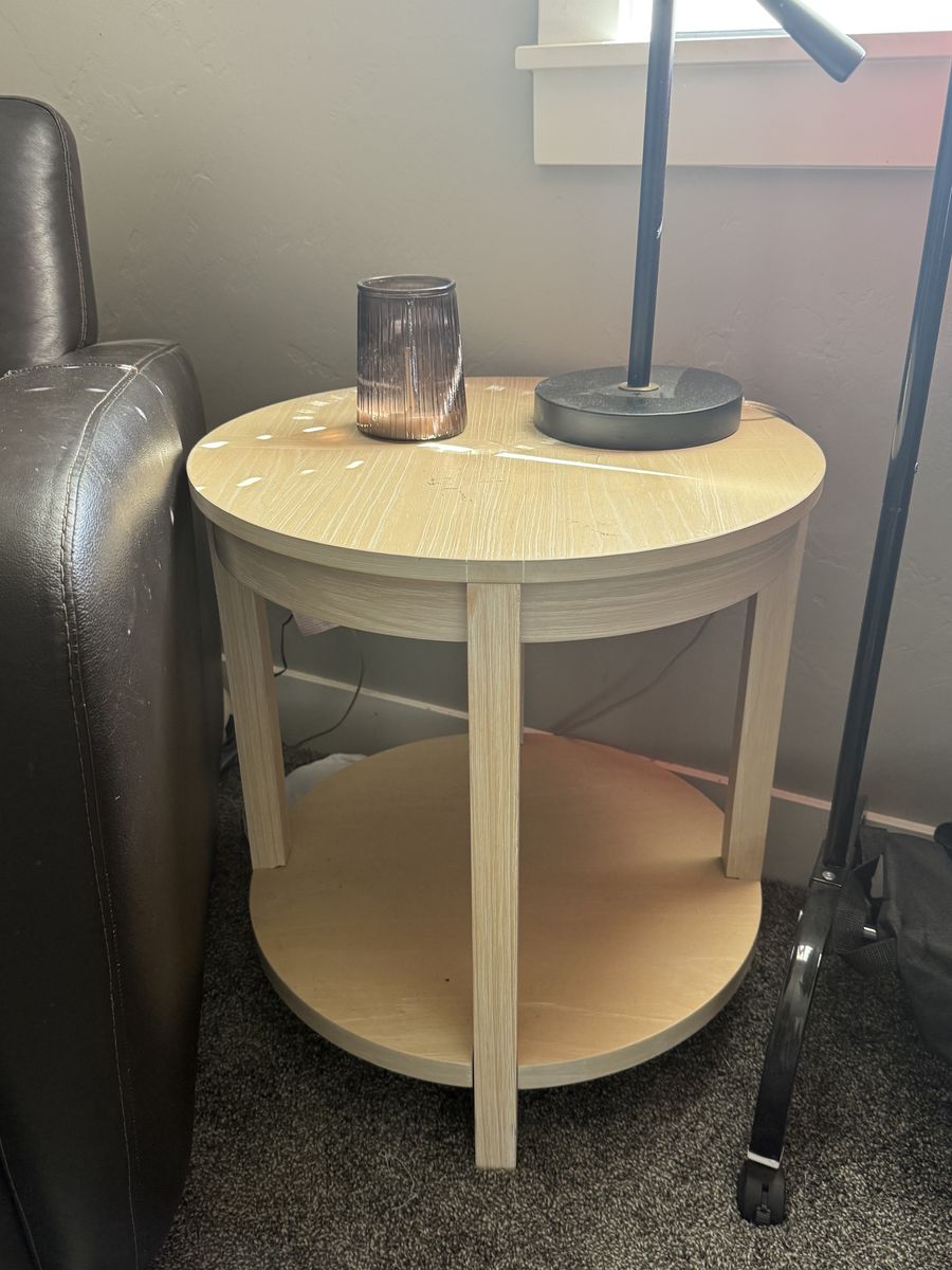 Round Wood Side Table / End Table with Lower Shelf