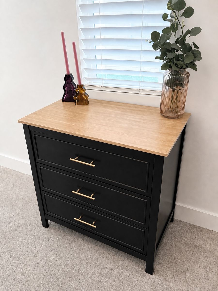 Modern Black 3 Drawer Dresser | Solid Wood Look Top | Like New