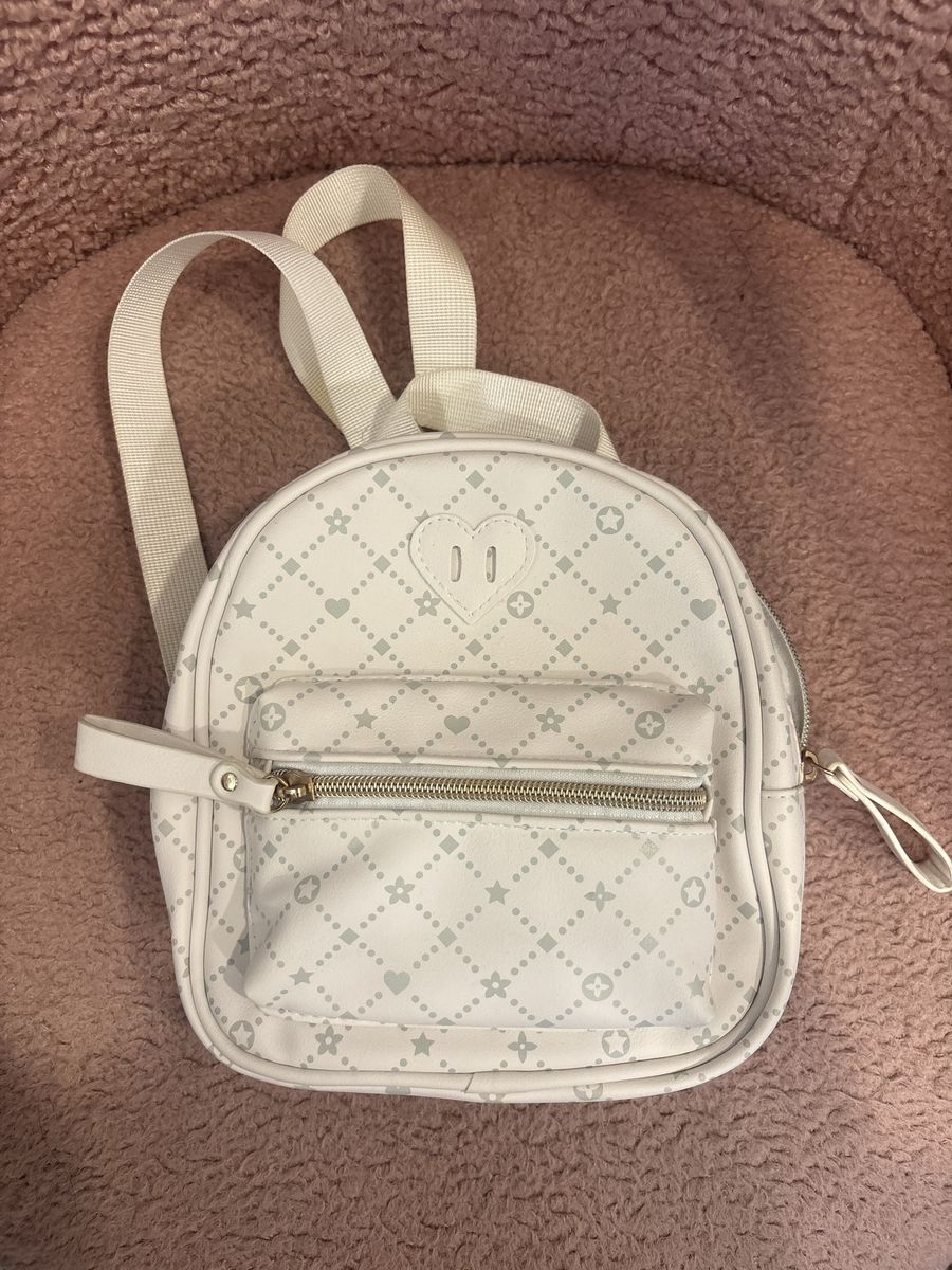 White Patterned Mini Backpack with Front Zipper Pocket