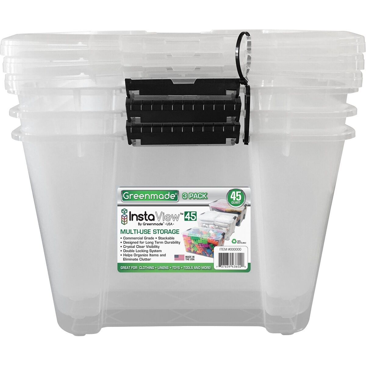 Greenmade InstaView Multi-Use Storage Bin, 45 Quart, Clear, 3 Pack 1397108 #80514