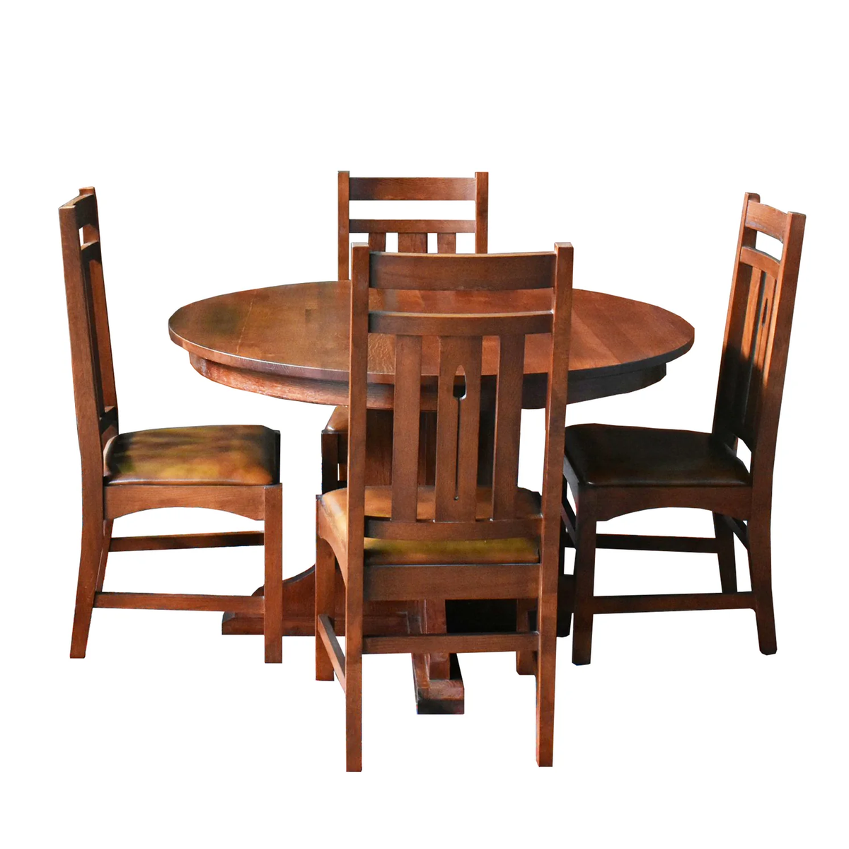 Arts & Crafts Mission Oak Round to Oval Dining Table w/4 chairs and 2 Leaves, made with solid Oak and Quarter Sawn Oak