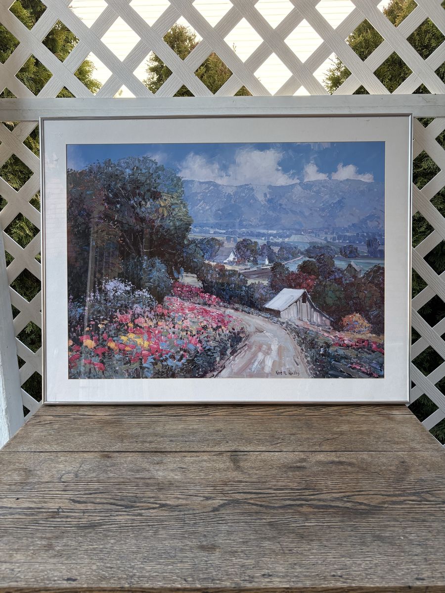 Large Framed Kent R. Wallis Floral Landscape Art Print – 36” × 28”