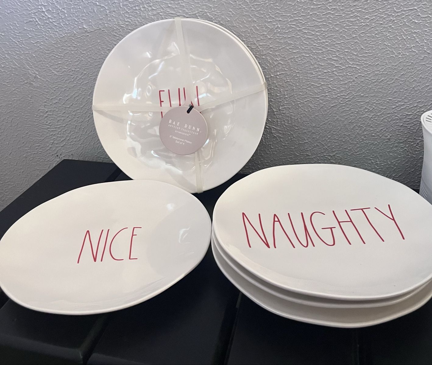 Rae Dunn Melamine Plates Set of 4 Naughty Nice Elf 8 Inch White Red