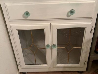 White Wooden Cabinet with Vintage Glass Doors