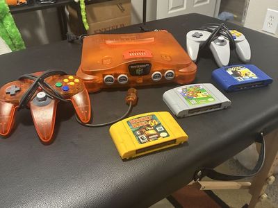 Nintendo 64 N64 Fire Orange Console Bundle w/ 2 Controllers, RAM Expander & 3 Games
