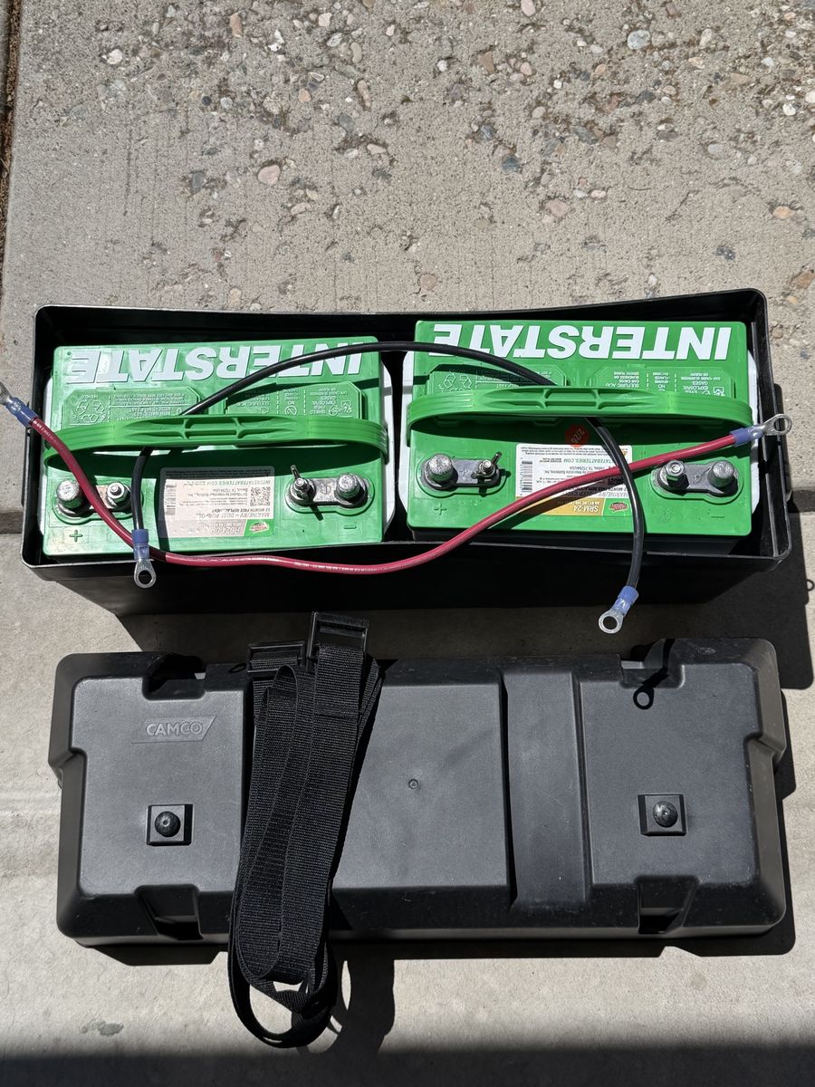New Interstate RV Batteries (2) Group 24 with Camco Battery Box & Straps