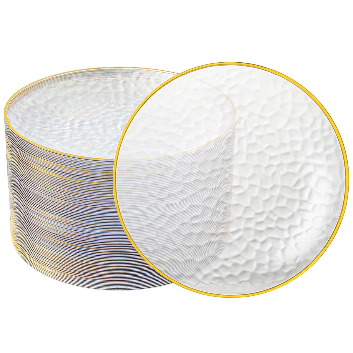 New! Ciselure 100PCS Clear and Gold Plastic Plates, 7 Inch Disposable Dessert Plates with Gold Rim, Heavy Duty Stone Textured