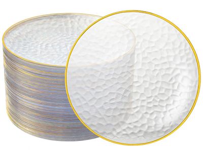 New! Ciselure 100PCS Clear and Gold Plastic Plates, 7 Inch Disposable Dessert Plates with Gold Rim, Heavy Duty Stone Textured