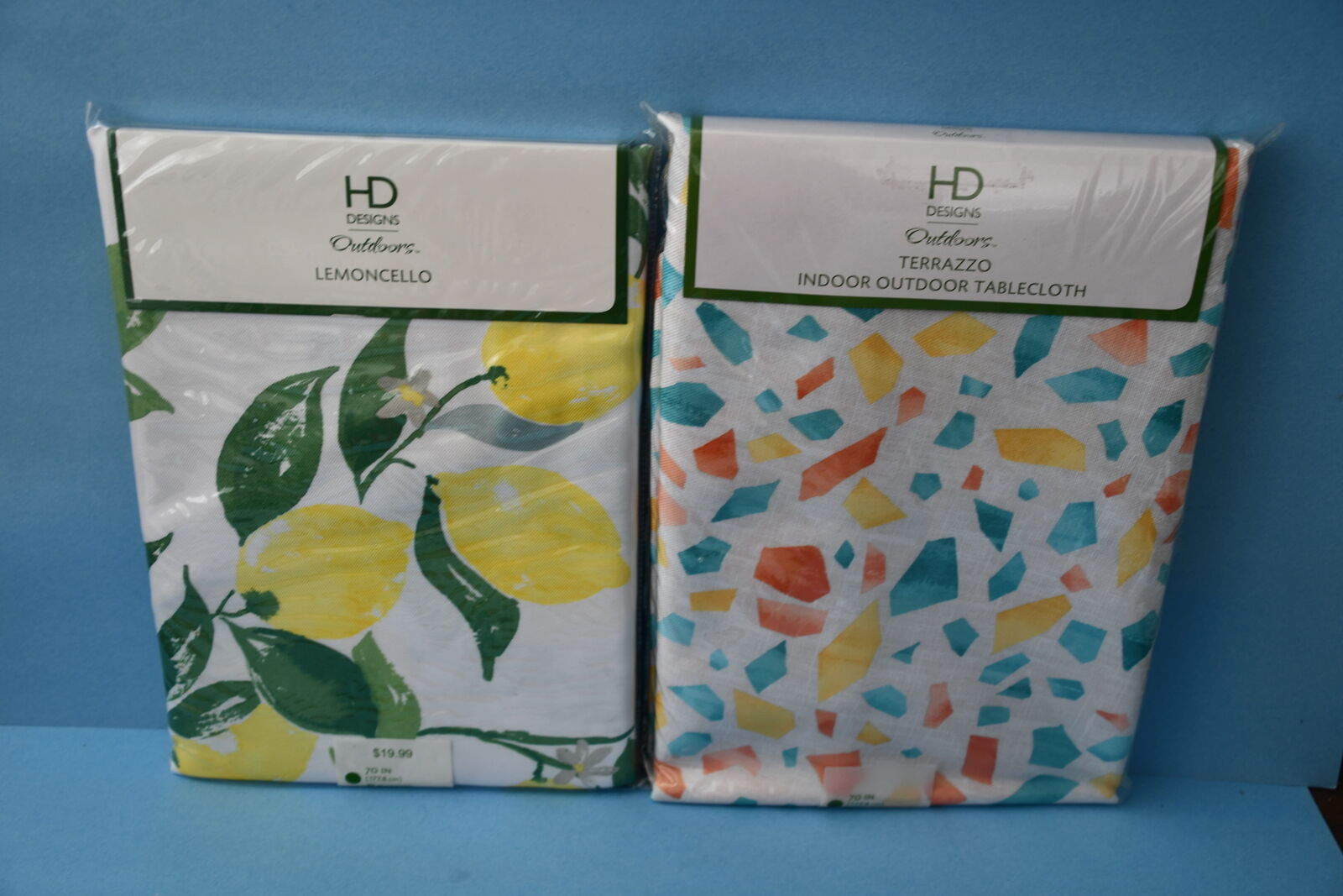 2 NIP ROUND 70" SUMMERTIME TABLECLOTHS ~ LEMONCELLO & TERRAZZO ~ 100% POLYESTER