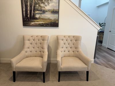 Pair of Tufted Cream Linen Dining / Accent Chairs - Nailhead Trim, Wood Legs