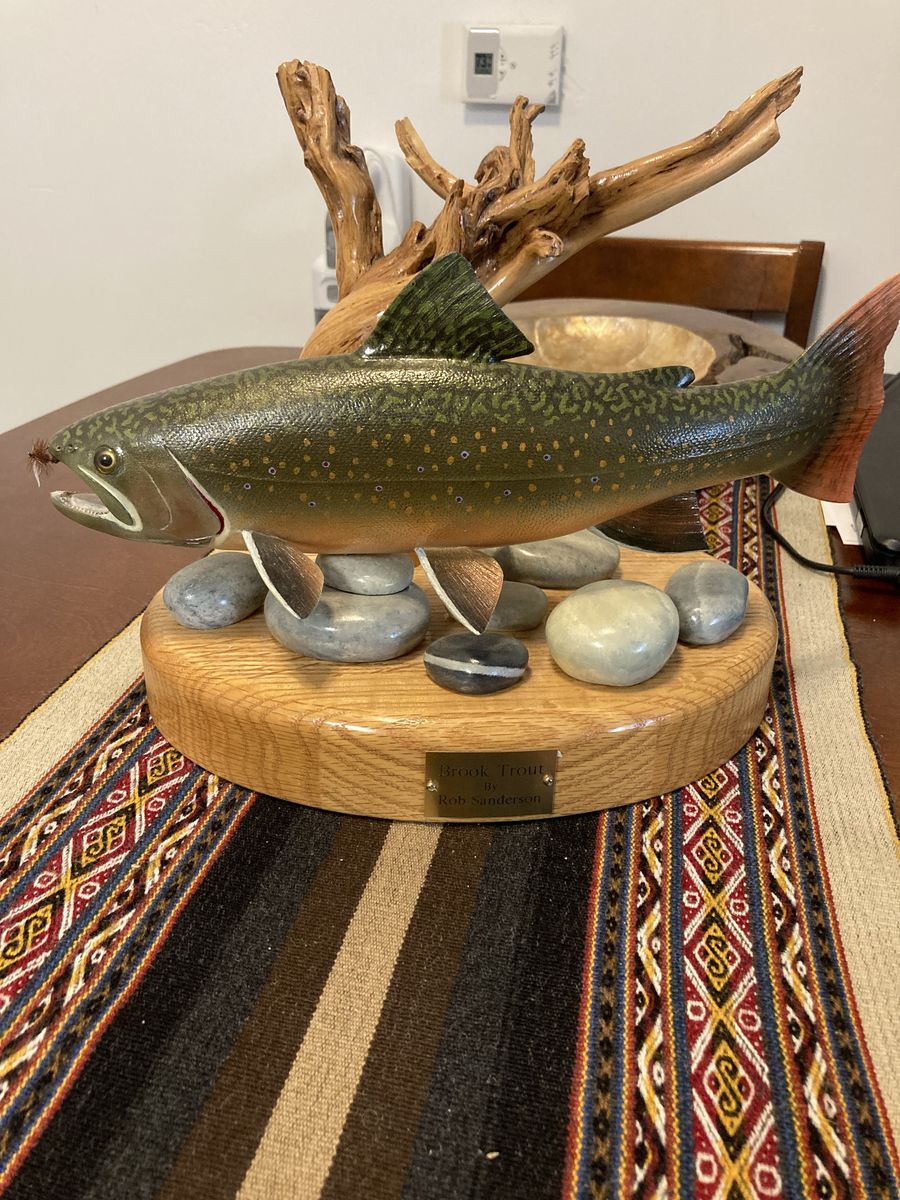 Hand-Carved Brook Trout - Realistic Fish Sculpture on Wood Base with Rocks