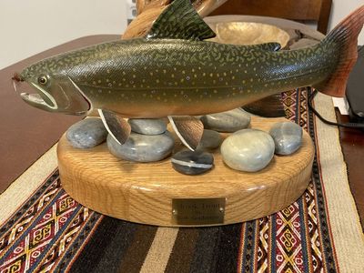 Hand-Carved Brook Trout - Realistic Fish Sculpture on Wood Base with Rocks
