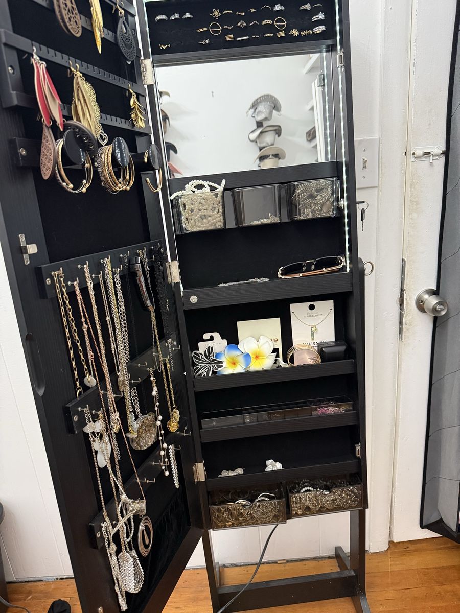 Black Standing Jewelry Armoire with Full-Length Mirror and LED Lights