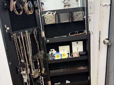 Black Standing Jewelry Armoire with Full-Length Mirror and LED Lights