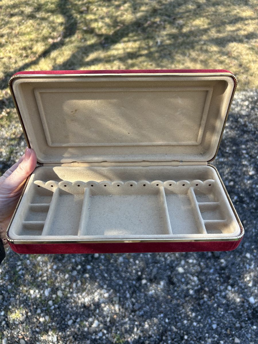 Vintage Red Hard Side Velvet Suede Jewelry Box