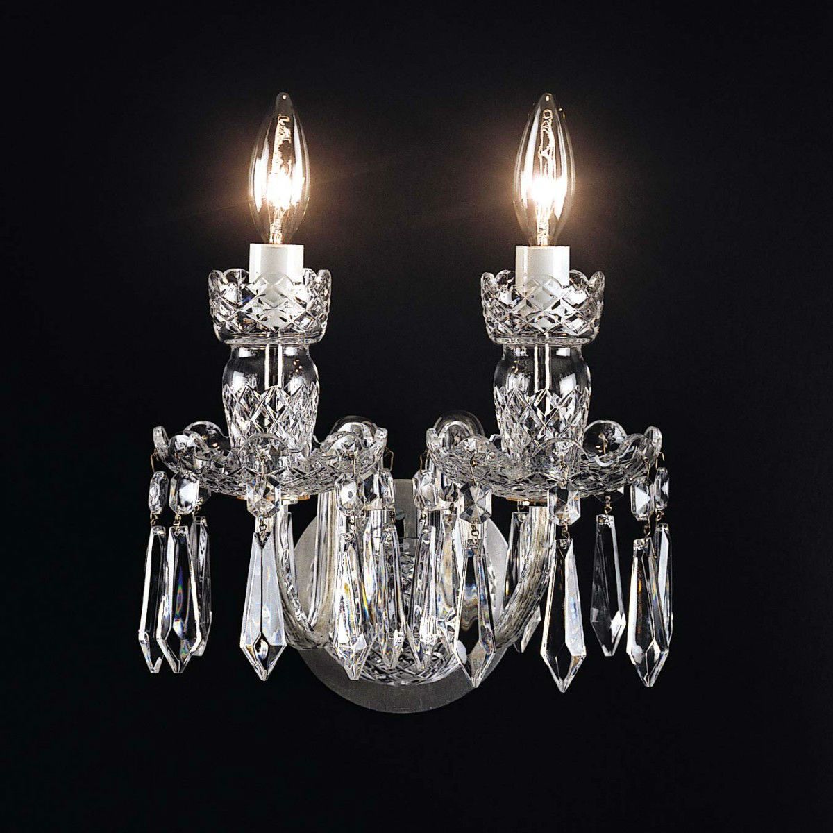 Waterford Crystal "Comeragh" Double-Arm Wall Sconces - Pair, 12" W x 9" H, Pristine Condition