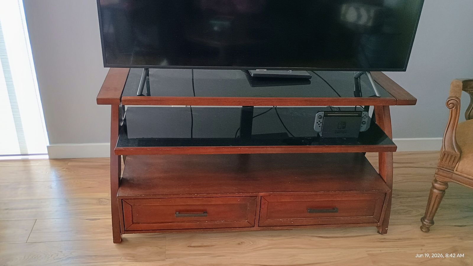 Wooden TV Stand with Black Glass Shelves and Storage Drawers