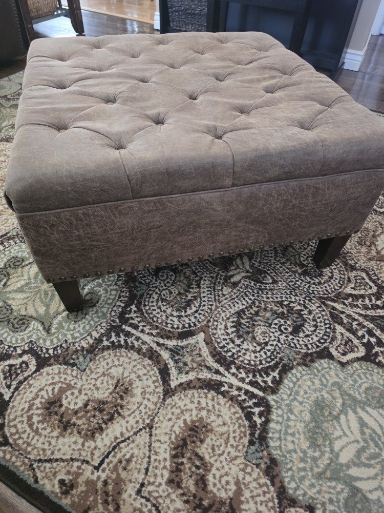 Tufted Faux Leather Ottoman - 36x36x18.5 Brown Square with Nailhead Trim