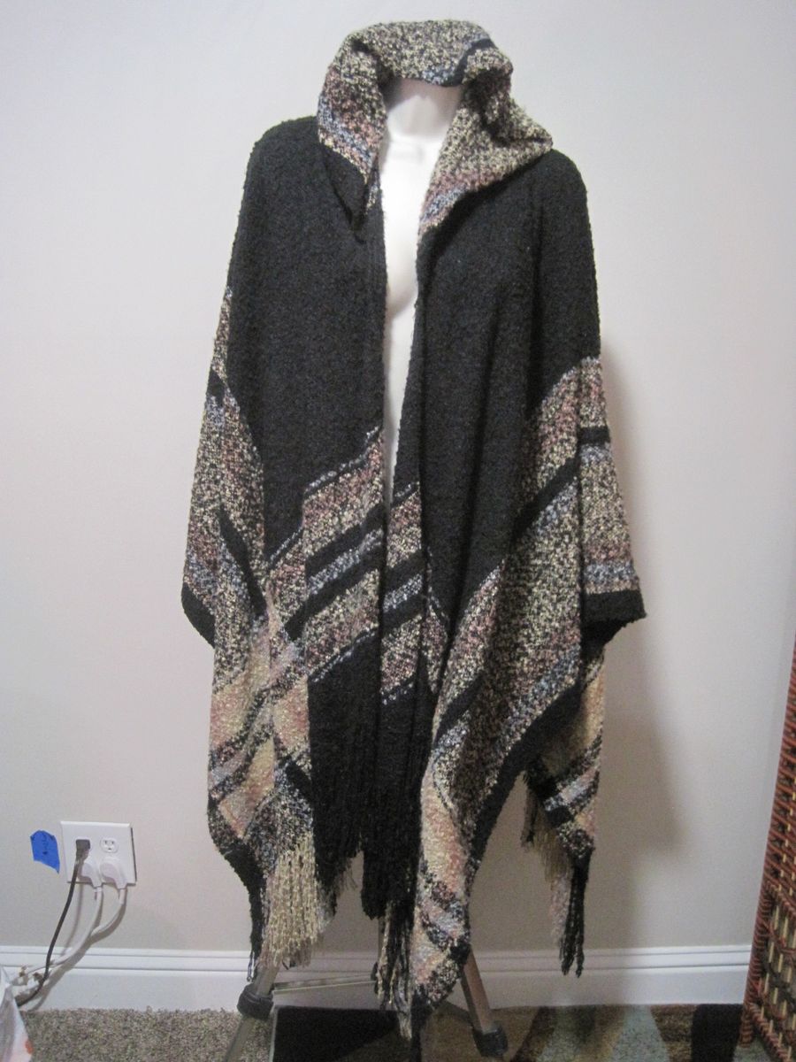 Woven Heart Women's Medium Multicolor Hooded Shawl Wrap Poncho Cape Cardigan