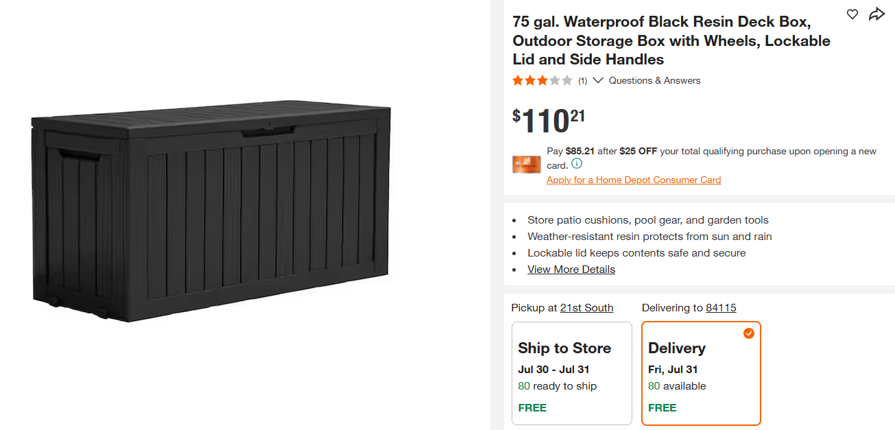 75 gal. Waterproof Black Resin Deck Box, Outdoor Storage Box with Wheels, Lockable Lid and Side Handles