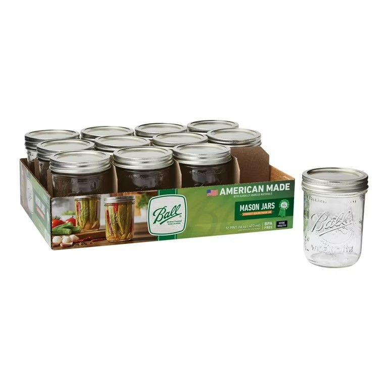 Ball 16oz Wide Mouth Pint Canning Mason Jars, Lids & Bands Clear Glass, 12 Pack