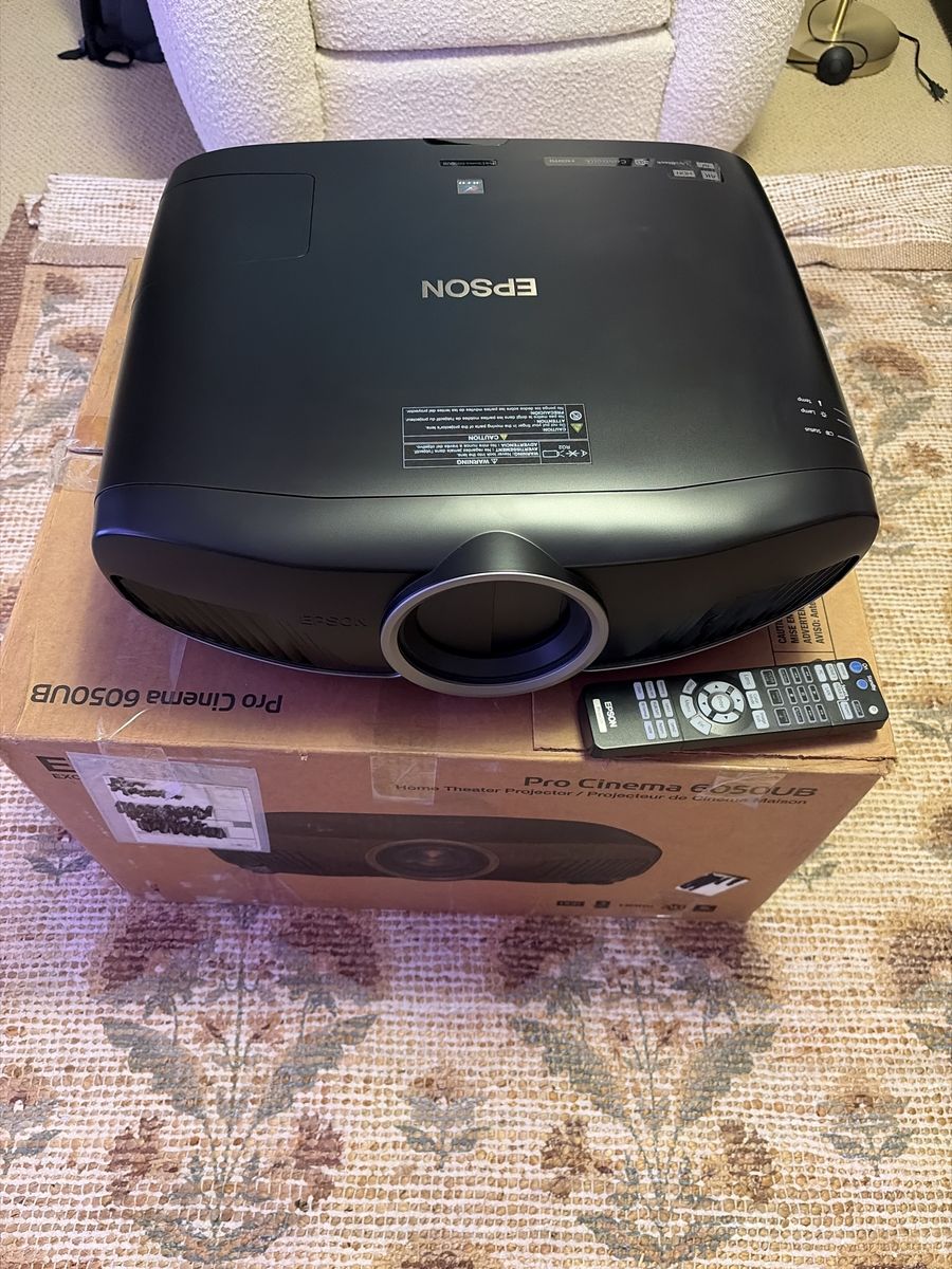 Epson Pro Cinema 6050UB 4K PRO-UHD 3-Chip Home Theater Projector with Remote Extra Bulbs and screen.