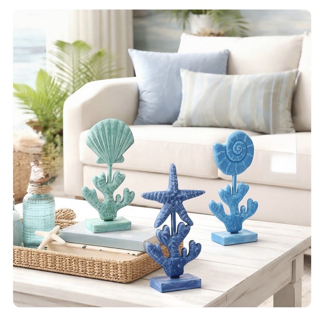 Coastal Tabletop Decor Set of 3 Resin Sculptures Sea Shell Starfish