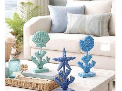 Coastal Tabletop Decor Set of 3 Resin Sculptures Sea Shell Starfish