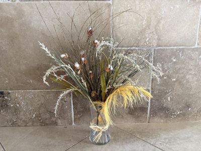 Vase w/ Arrangement of Artificial Grasses & Cotton